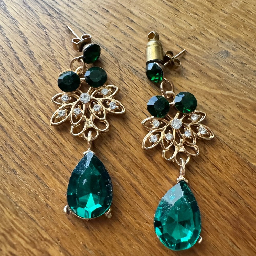 Gold and Green Drop Earrings